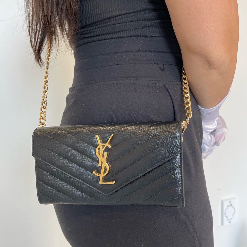 Authentic Saint Laurent Cassandra Caviar Envelope wallet with  crossbody strap